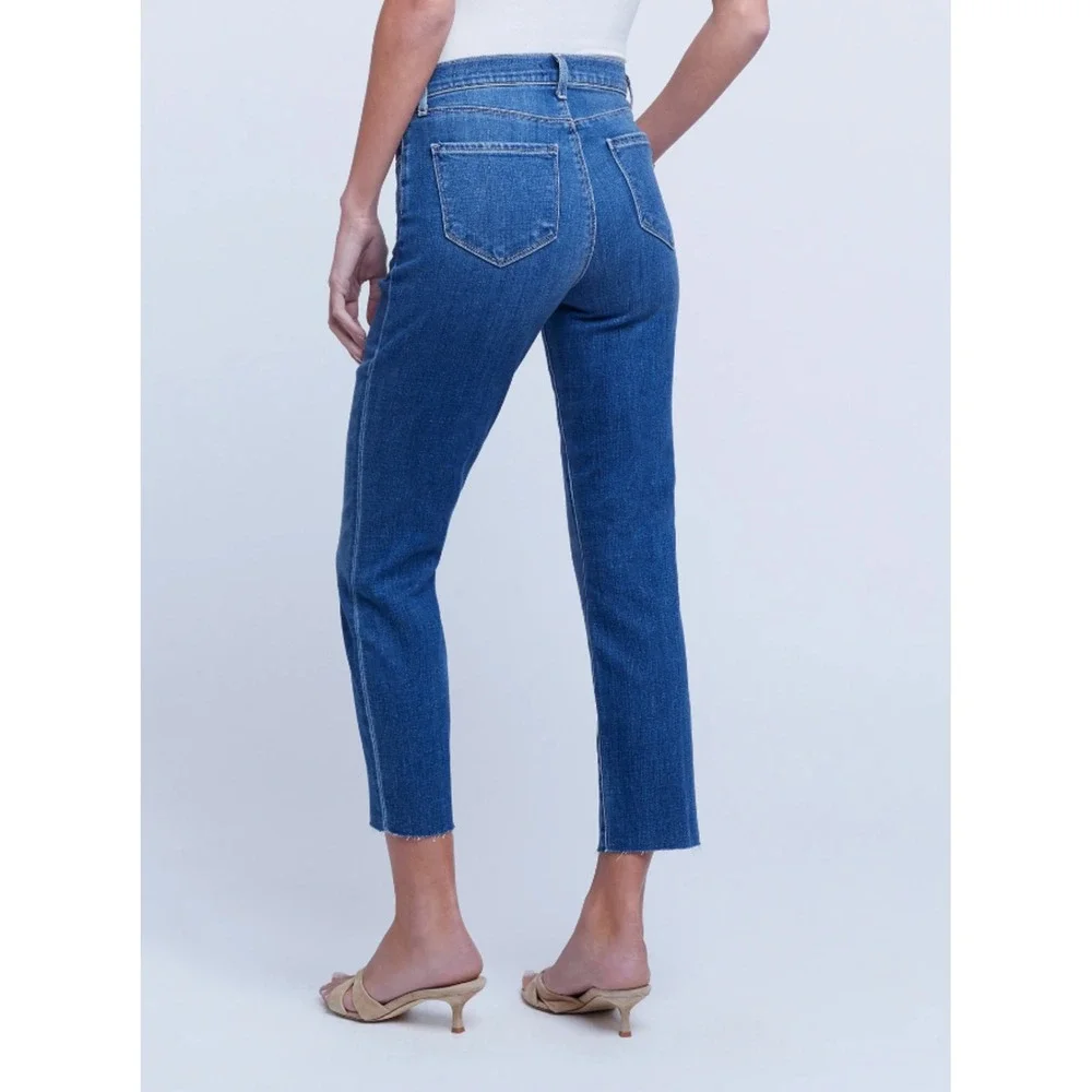 L'AGENCE Sada Cropped Slim Straight Jeans in Toledo Blue 24 French Girl Off Duty